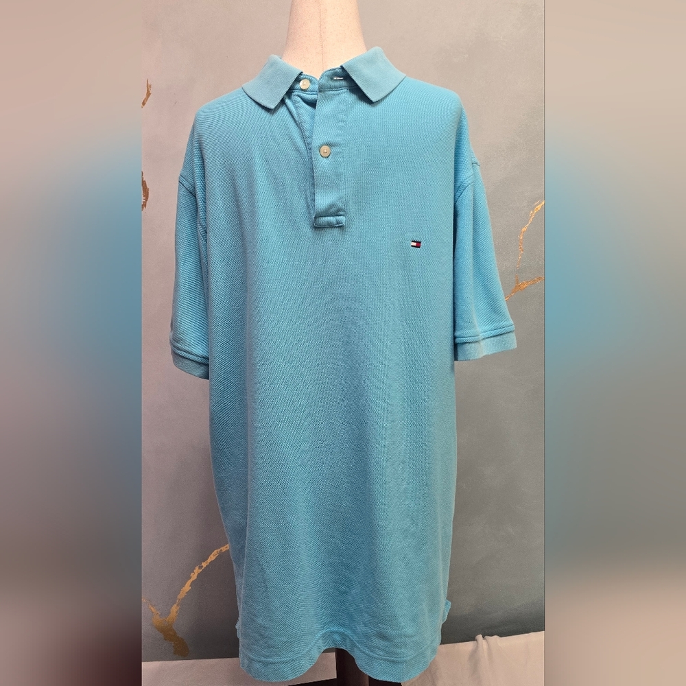 Tommy Hilfiger Light Aqua Blue Pique Polo Short Sleeve Shirt - Men's L